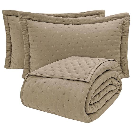 Imagem de Kit Cobre Leito Colcha Claire Casal Padrão Dupla Face Toque de Pluma Micro Percal 300 Fios 3 Peças - Marrom Capuccino