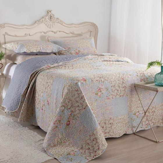 Imagem de Kit Cobre Leito Colcha Daily Queen 3 Peças Dupla Face Estampado Floral - Patchwork 14 - 100% Poliéster