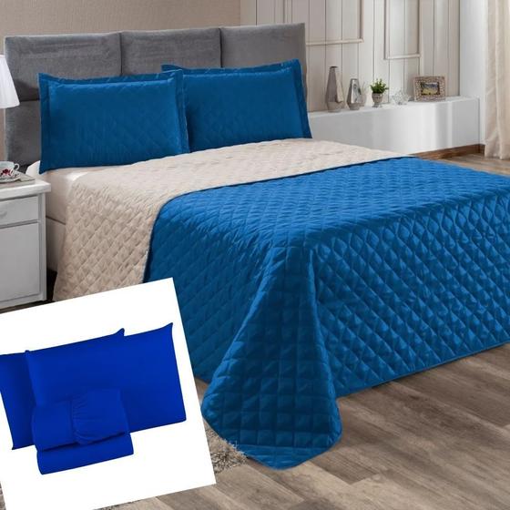 Imagem de Kit Cobre Leito Colcha Dupla Face Cama Super King + Lençol Azul