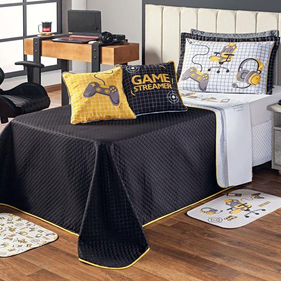Imagem de Kit Cobre Leito Colcha Infantil SOLTEIRO 5 Peças Game Streamer Dupla Face com Almofadas Estampadas 