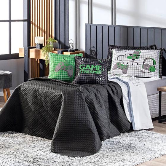Imagem de Kit Cobre Leito Colcha Infantil SOLTEIRO 5 Peças Game Streamer Dupla Face com Almofadas Estampadas 