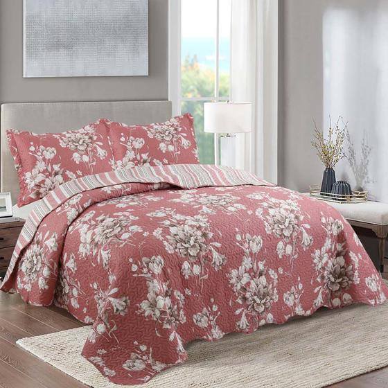 Imagem de Kit Cobre Leito Colcha Mix Queen Estampado Dupla Face Floral 3 Peças - Isa - Vermelho