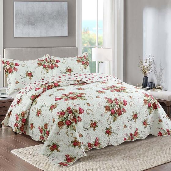 Imagem de Kit Cobre Leito Colcha Mix Queen Estampado Dupla Face Floral