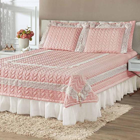 Imagem de Kit Cobre Leito Colcha Romance King 5 Peças MicroPercal 200 Fios Matelado Costurado Renda - Rose