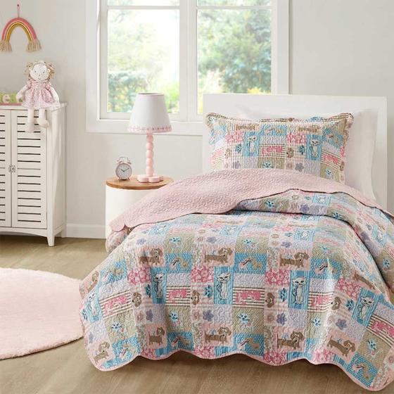 Imagem de Kit Cobre leito Colcha Solteiro menino menina 2 Peças Infantil Estampado cama rosa azul verde
