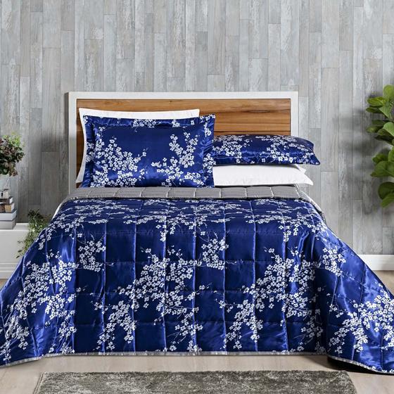 Imagem de Kit Cobre Leito Colcha Vine Casal Padrão Dupla Face Cetim Estampado 3 Peças - Azul Egípcio Floral