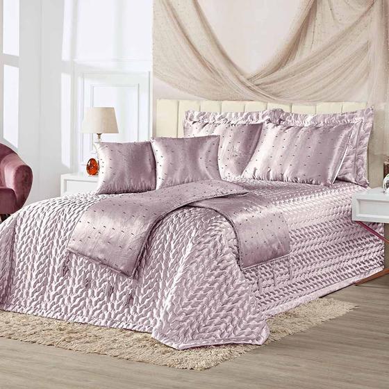 Imagem de Kit Cobre Leito Colcha Vivian Queen 10 Peças Cetim Amassado Premium Xale Tule Pérolas - Rosê - 100% Poliéster