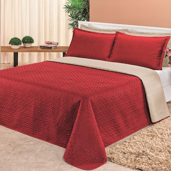 Imagem de Kit Cobre Leito Dupla Face Matelado Ultrassônico Microfibra Casal Queen 03 Peças Clara - Vermelho