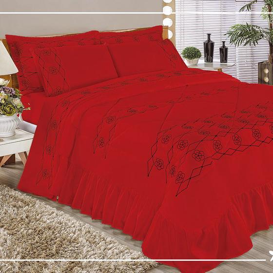 Imagem de Kit Cobre Leito Elegância Casal Padrão 03 Peças Bordado - Vermelho