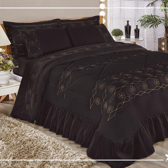 Imagem de Kit Cobre Leito Elegância Casal Queen 03 Peças Bordado - Preto