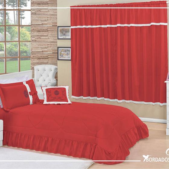 Kit Cobre Leito Esplendore Solteiro 05 Peças + Cortina 2,00x1,70m - Vermelho Menor preço em Kit Cobre Leito Esplendore Solteiro 05 Peças + Cortina 2,00x1,70m - Vermelho
