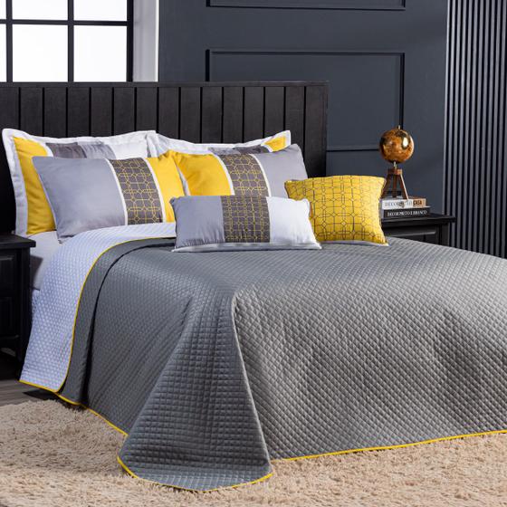 Imagem de Kit Cobre Leito Geométrico Cinza/Amarelo Dupla Face c/ Almofadas Queen 07 Peças