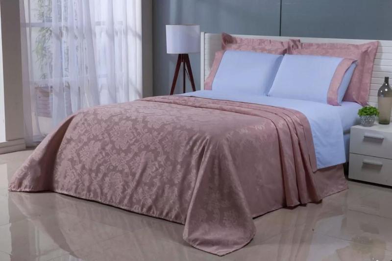 Imagem de Kit Cobre Leito Jaquard Com Jogo De Lençol Viúva 7Peças Rose