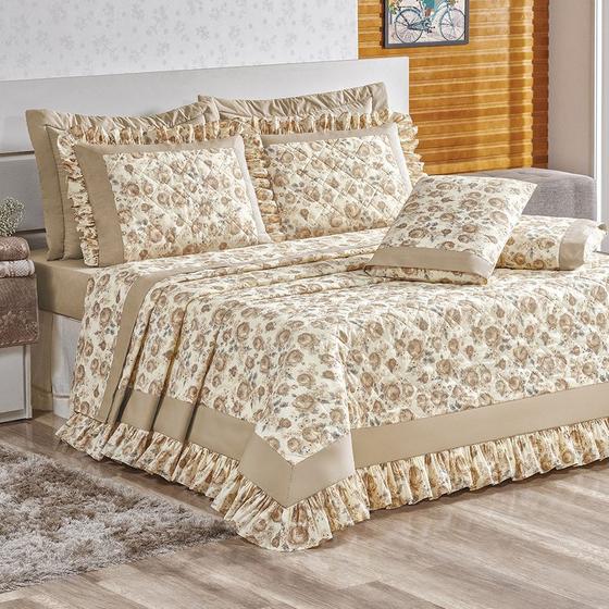 Imagem de Kit Cobre Leito Matelado Estampado Floral Babado 180 Fios Casal Queen Taciele 05 Peças - Caqui