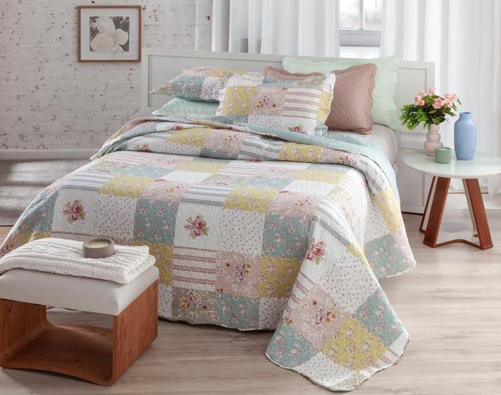 Imagem de Kit Cobre Leito Queen Colcha Dupla Face Estampado 3 Peças 