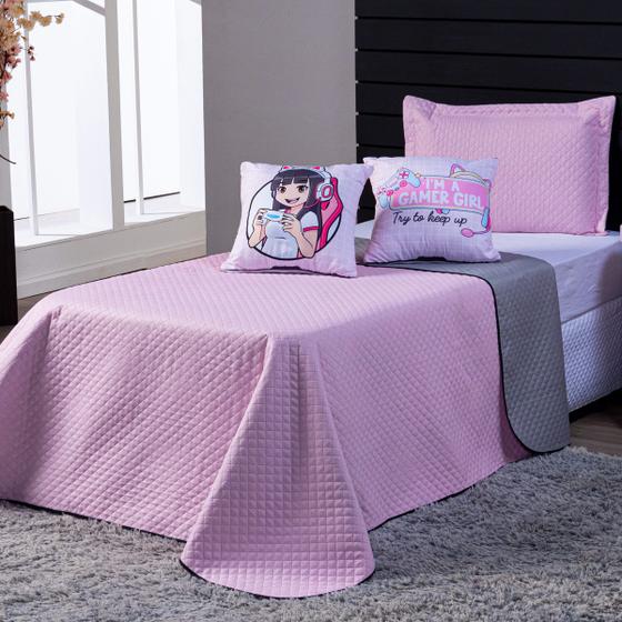 Imagem de Kit Cobre Leito SOLTEIRO 4 Peças Girl Gamer Rosa/Cinza Dupla Face com Almofadas Estampadas Decoração Colcha Infantil Menina Videogame Nerd Geek
