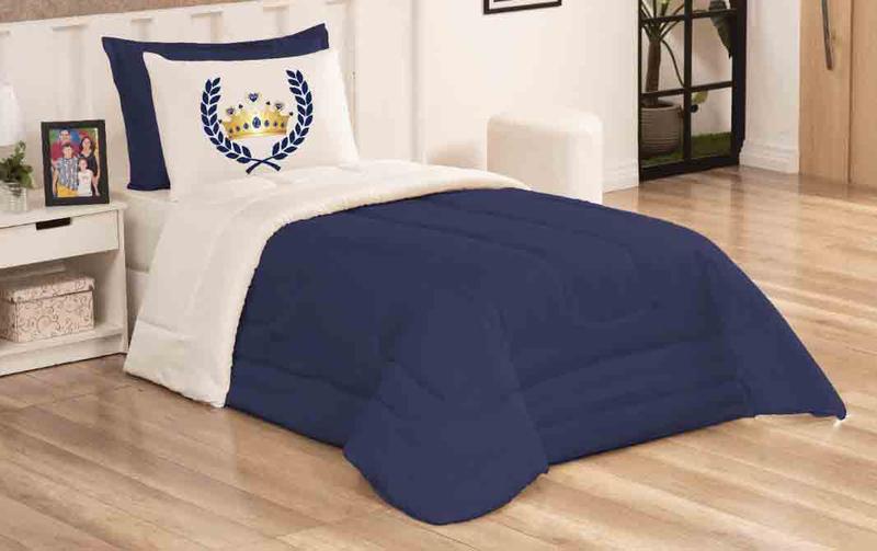 Imagem de Kit cobre leito solteiro principe dupla face azul com branco com 3 peças