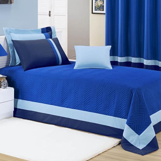 Kit Cobre Leito Solteiro Stylo com Cortina para Varão 2 Metros 7 Peças - Azul Menor preço em Kit Cobre Leito Solteiro Stylo com Cortina para Varão 2 Metros 7 Peças - Azul