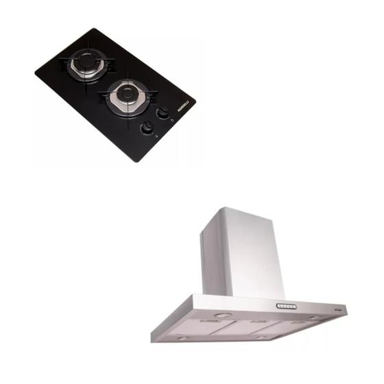 Imagem de Kit Coifa De Cozinha Inox 60cm + Cooktop 2 queimadores preto mesa de vidro