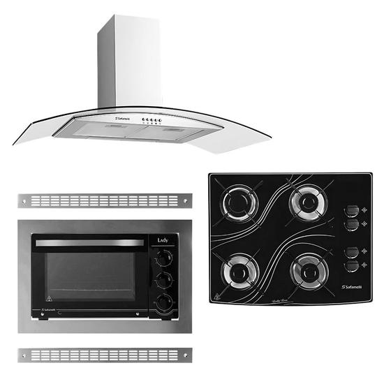 Imagem de Kit Coifa Gourmet 80cm + Forno Embutir 45L e Cooktop 4B Safanelli