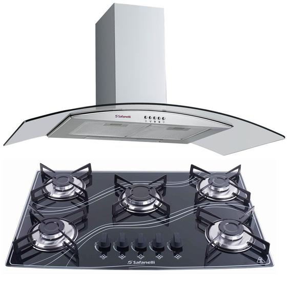 Imagem de Kit Coifa Gourmet Inox 90Cm e Cooktop 5Q Preto Safanelli