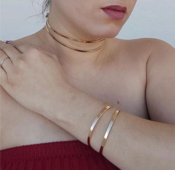 Imagem de Kit Colar Choker e Pulseira Elo Aro Duplo 6mm metal ajustável Folheado Ouro 18k Dourado Prata Tendência 2023 Moda