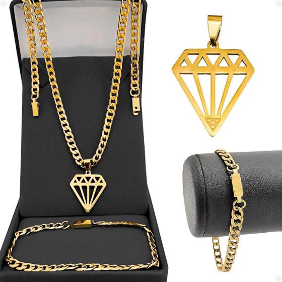 Imagem de Kit Colar Cordão Corrente 18K Masculino Pingente Diamante + Pulseira Banhada Dourada Ccpn21