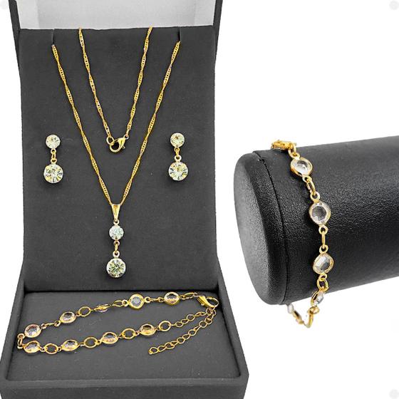 Imagem de Kit Colar Corrente Feminino e Brincos + Pulseira Veneziana Folheado Ouro Delicado Elegante Romântico