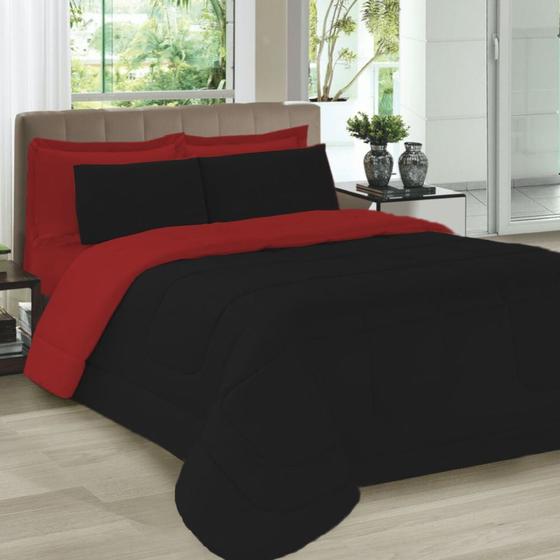 Imagem de Kit Colcha Casal 5 Peças Toque Suave Preto e Vermelho 2,20x2,40 Casa Dona