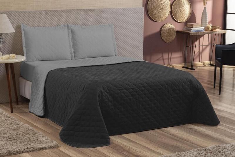 Imagem de Kit Colcha Cobre Leito Dupla Face 3 Pç Matelado Preto Cinza