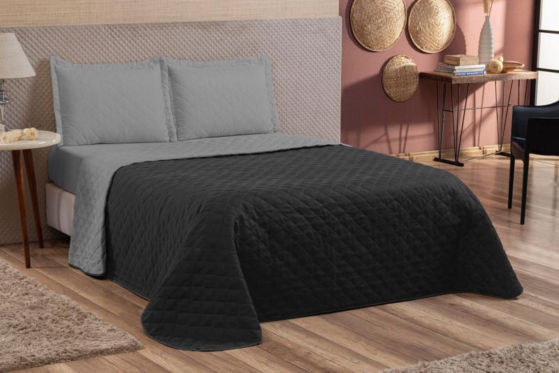 Imagem de Kit Colcha Cobre Leito Dupla Face 4 Pçs Matelado Lançamento preto/cinza