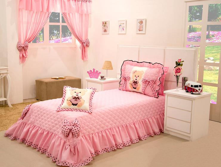 Imagem de Kit Colcha Cobre Leito Infantil Ursinha 3 Peças Quarto de Menina Rosa