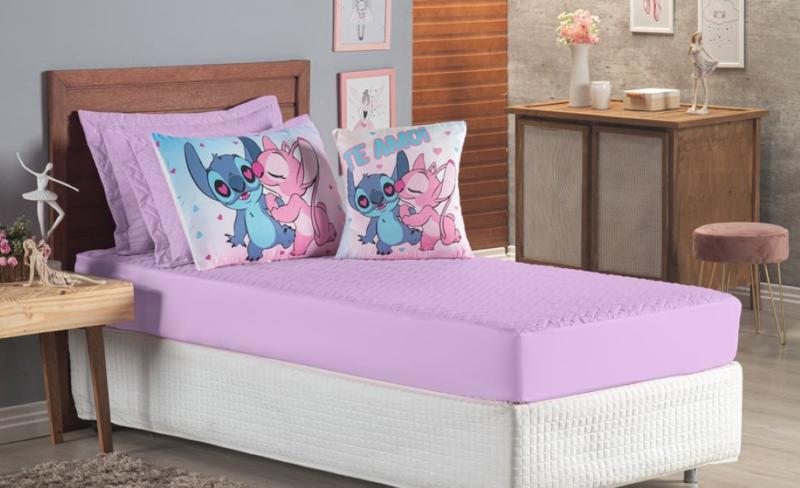 Imagem de Kit Colcha Cobre Leito Jogo Cama Infantil Solteiro 5 Pçs Matelado Elasticado Quarto Menina Lilou Lilas