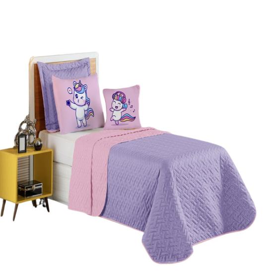 Imagem de Kit Colcha Cobre Leito Roupa Cama Edredom Solteiro 5 Pçs Matelado Quarto Menina Dupla Face Rosa Lilas 