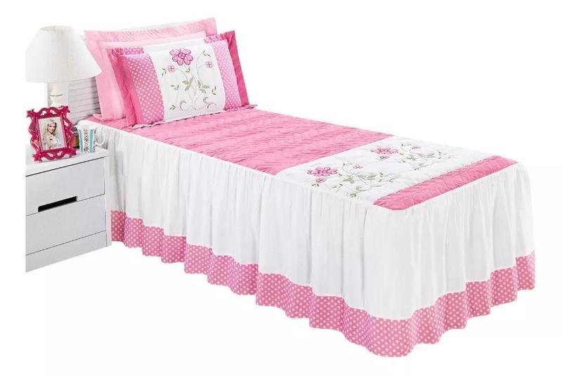 Imagem de Kit Colcha Cobre Leito Solteiro 2 Peças Bordada Rosa