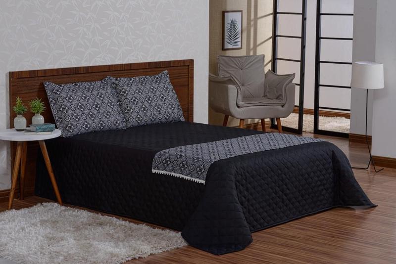 Imagem de Kit Colcha Cobre Leito Valencia Casal Preto 4 Peças Com Xale