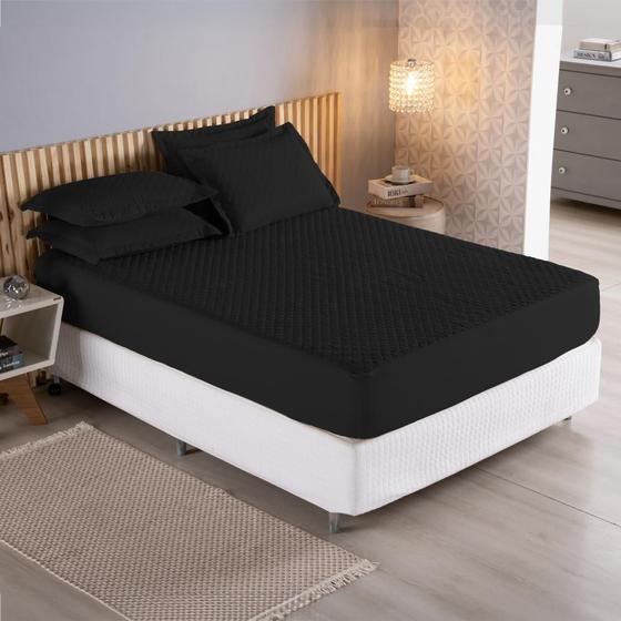 Imagem de Kit Colcha de Cama Casal com Elástico Cobre Leito 3 Peças Tecido Liso Matelado Roupa de Cama Premium