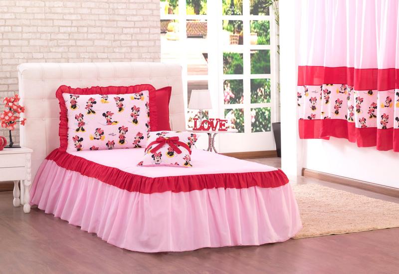 Imagem de Kit Colcha e Cortina Infantil 4 Pç Minnie Quarto Menina