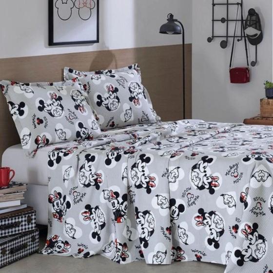 Imagem de Kit Colcha Piquet Casal Mickey e Minnie - Preto e Branco - Dohler - Döhler