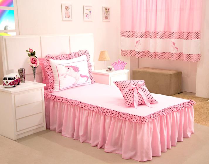 Imagem de Kit Colcha Quarto Menina Solteiro Rosa 3 Peças Unicórnio