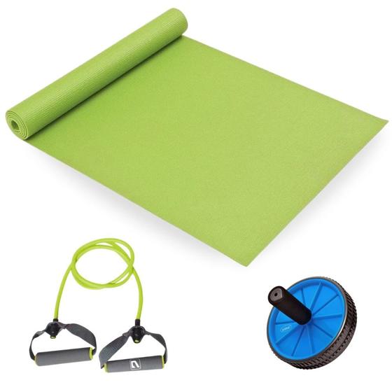 Imagem de Kit Colchonete 1,73m + Extensor Elastico 1 Via Tensao Media + Roda Abdominal para Exercicios Liveup Sports