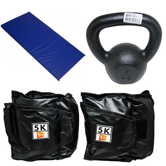 Imagem de Kit Colchonete Azul + Caneleira 5Kg + kettlebell Pintado 6kg