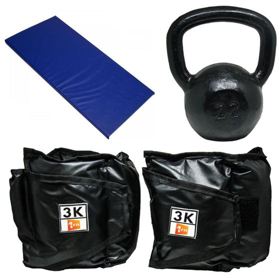 Imagem de Kit Colchonete Azul + Par de Caneleira 3Kg + kettlebell Pintado 22kg