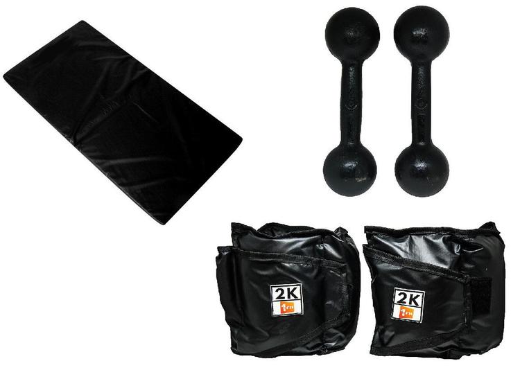 Imagem de Kit Colchonete Preto + Par de Caneleira Tornozeleira De Peso 2kgs Profissional + Par de Halter Bola Pintado 6kg