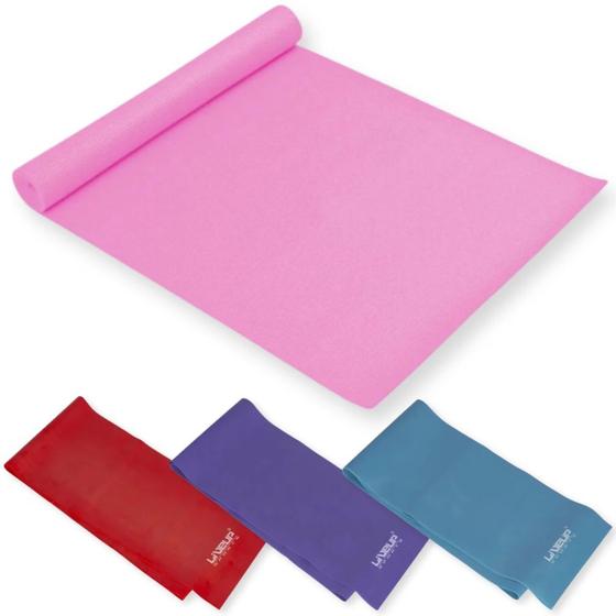 Imagem de Kit Colchonete Rosa + Faixas Elasticas Tensao Leve, Media e Forte Yoga e Pilates  Liveup Sports 