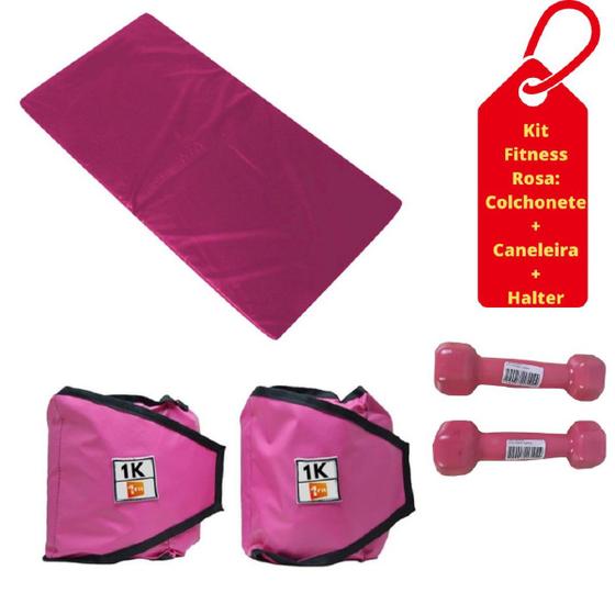 Imagem de Kit Colchonete Rosa + Par de Caneleira 1Kg + Par de Halter Sextavado Emborrachado 1kg