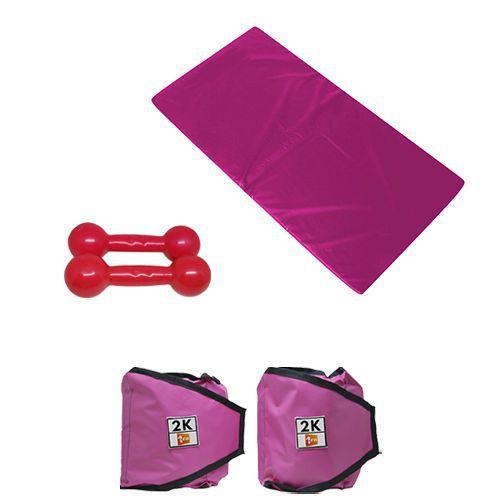 Imagem de Kit Colchonete Rosa + Par De Caneleira 2Kgs Rosa + Par De Halter Emborrachado 2Kgs  Rosa 1 Fit