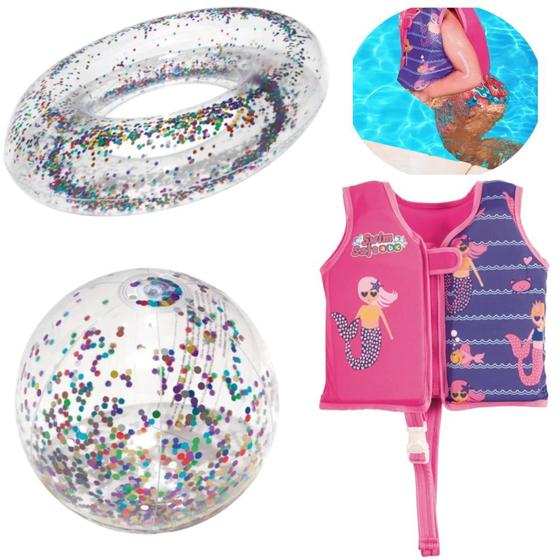 Imagem de Kit Colete Infantil Rosa Tamanho P/M + Bola e Boia Inflavel com Glitter  Mor 