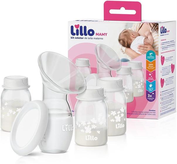 Imagem de Kit Coletor Bomba Coletora de Leite Materno Lillo Mamy com 3 frascos 120ml Silicone de 18 Meses a 3 Anos