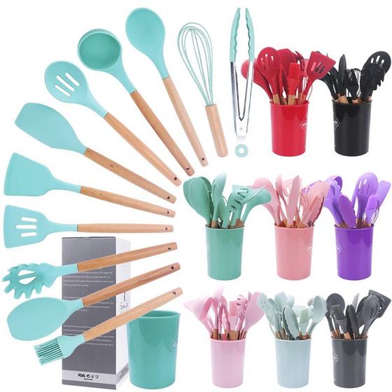 Imagem de Kit Colher De Silicone Jogo 12 Peças Com Suporte Utensílios De Cozinha Colheres Cabo Madeira